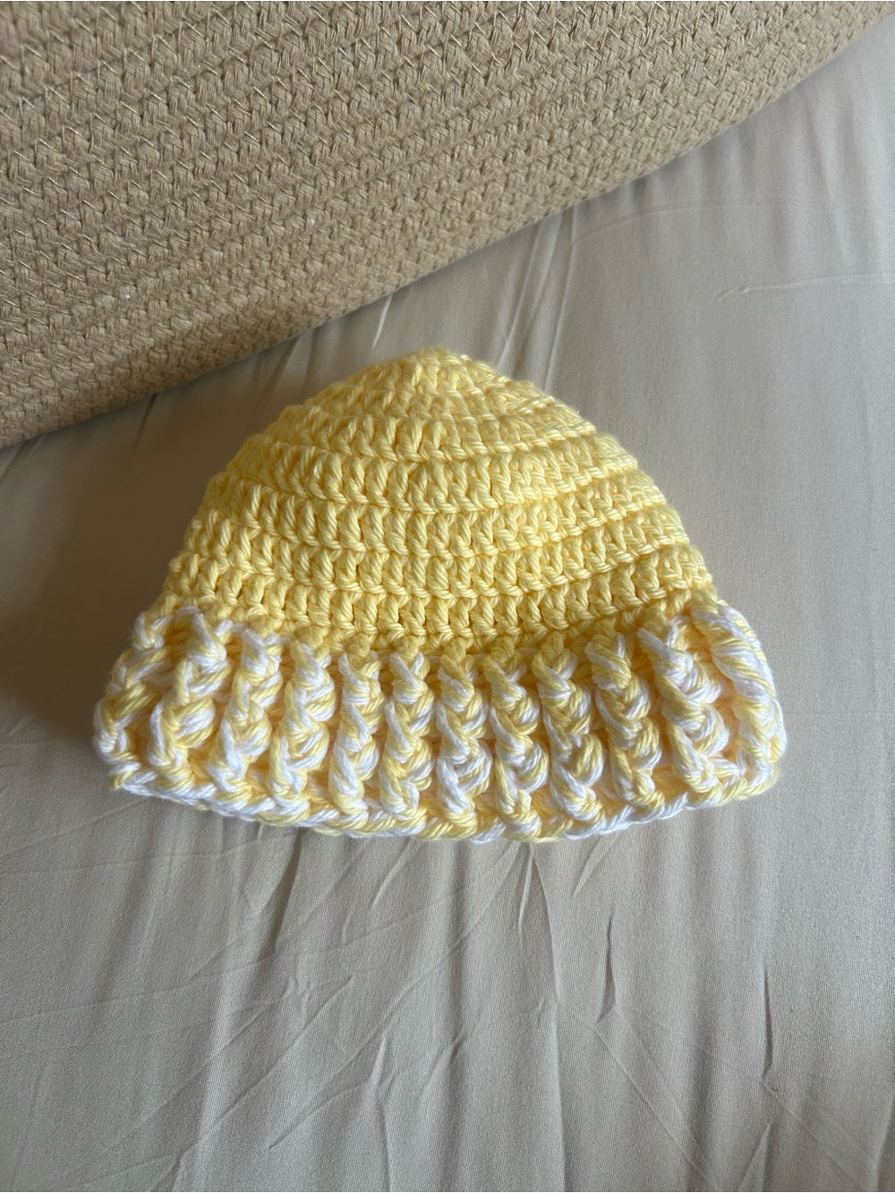 Yellow Crochet Baby Beanie Hat with White Trim